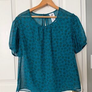 CAbi Panorama Top. Teal and Black Floral Blouse Size Small